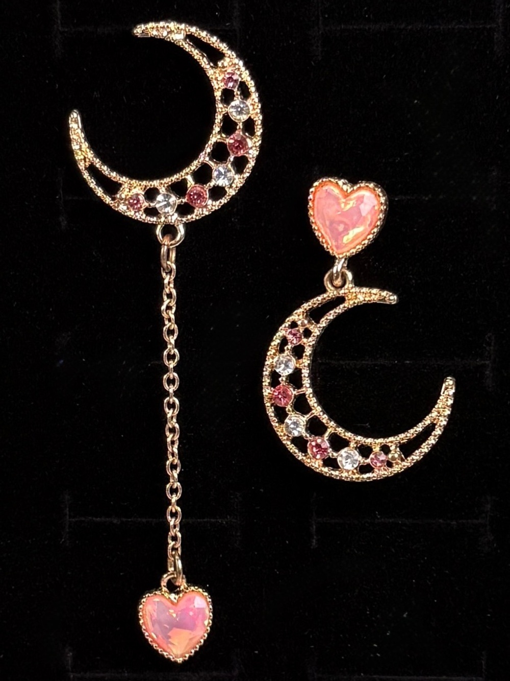 Beautiful goldtone, heart and moon costume pierced earrings